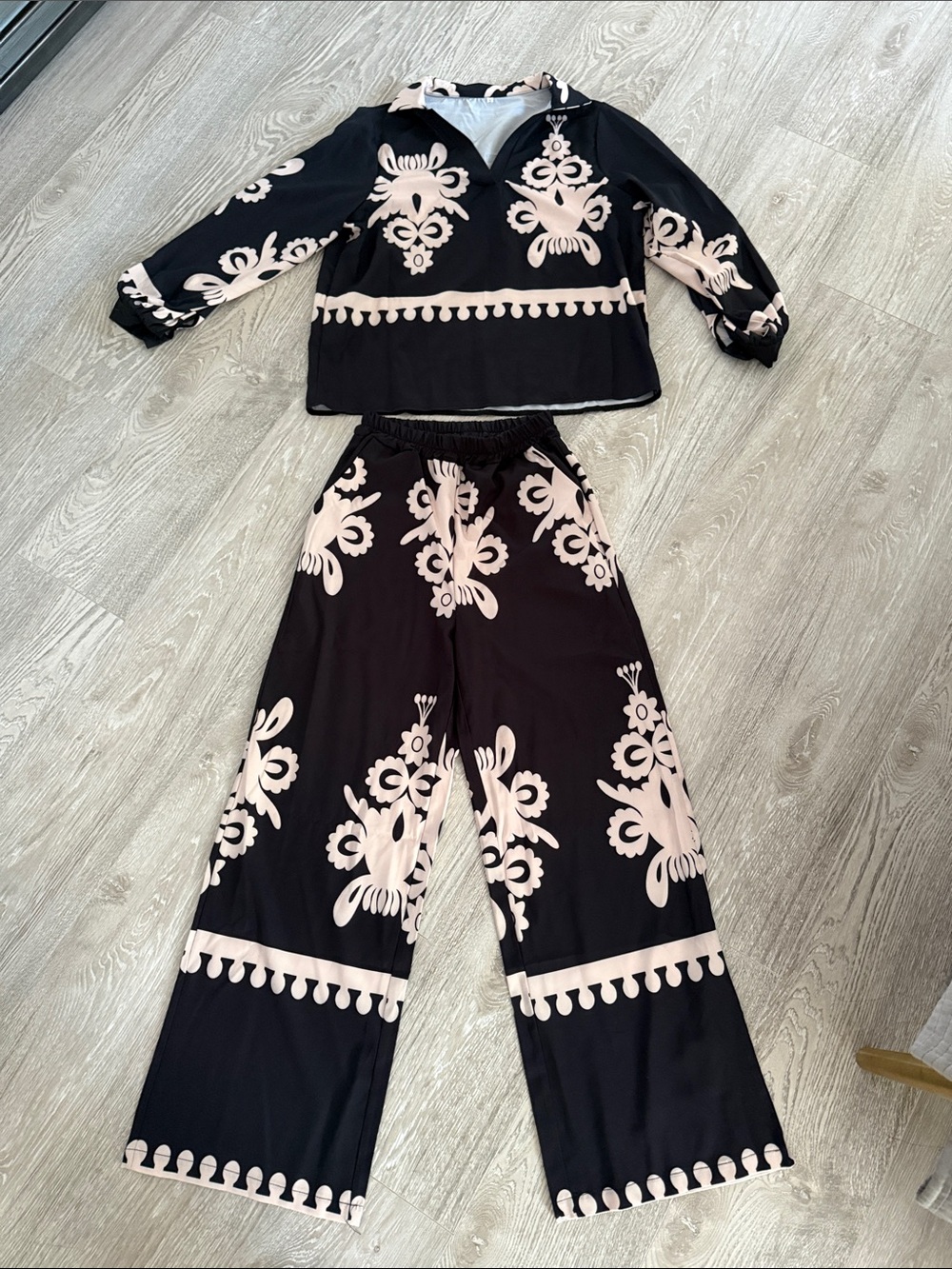 Black Two-Piece Set with Floral Motif